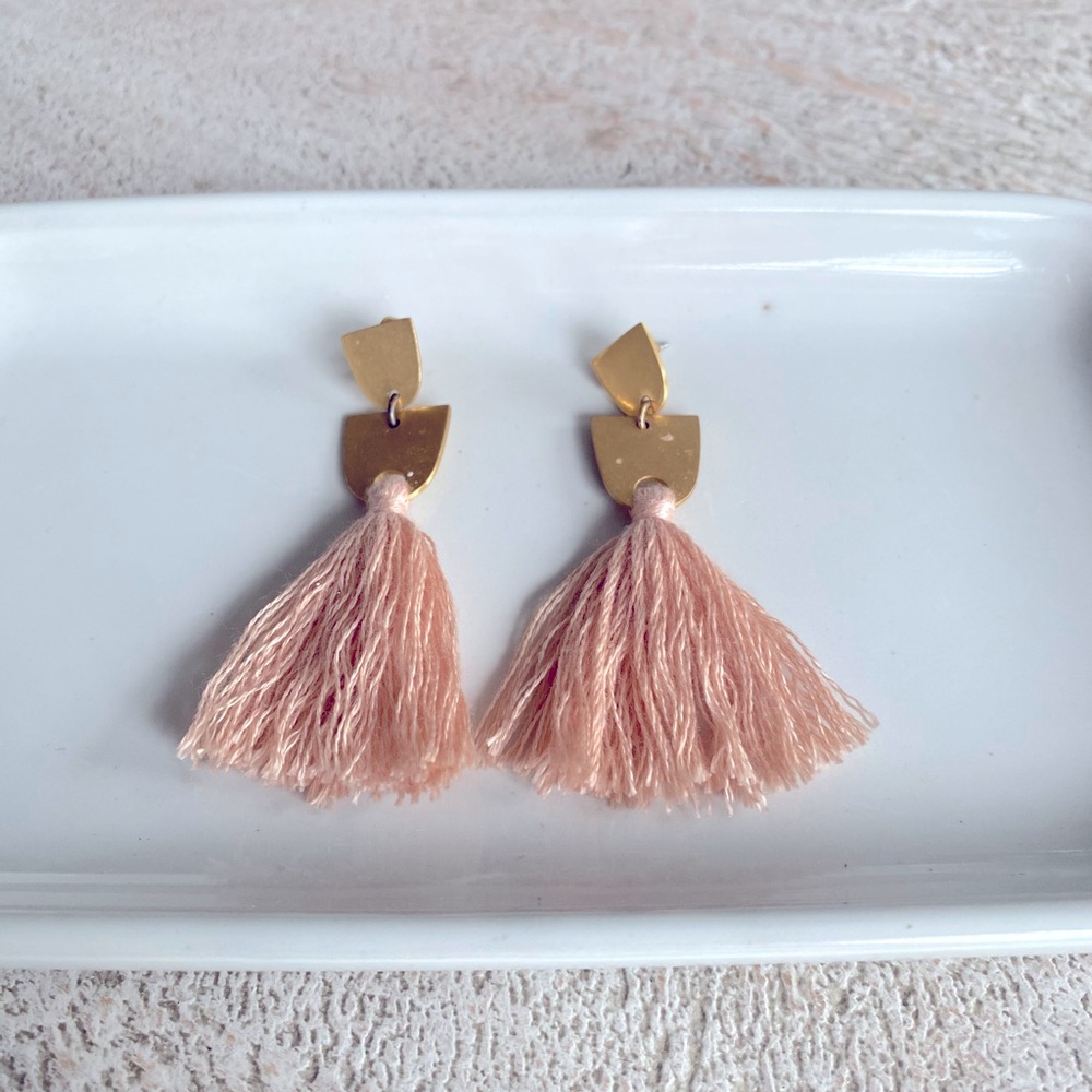 Gold post pink fringe earrings